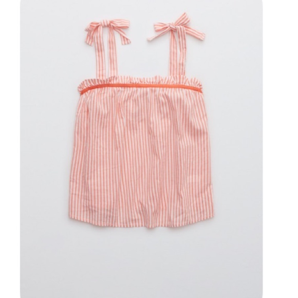 Aerie Woven Tie Shoulder Tank Top Coral and White Striped Camisole